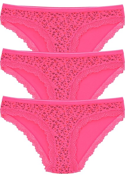 Kadın 3'lü Paket Desenli Bikini Külot Fuşya