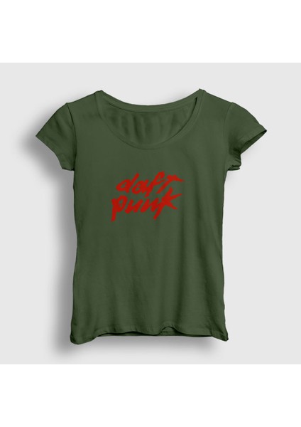 Kadın Haki Logo Daft Punk T-Shirt