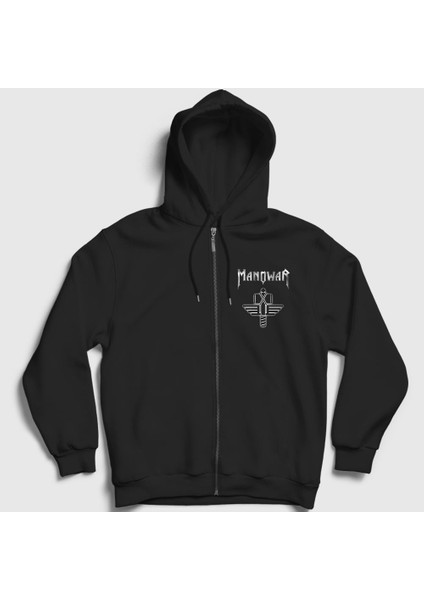 Unisex Siyah Hammer Logo Manowar Fermuarlı Kapüşonlu Sweatshirt