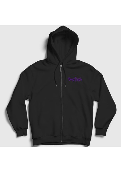Unisex Siyah Logo Deep Purple Fermuarlı Kapüşonlu Sweatshirt