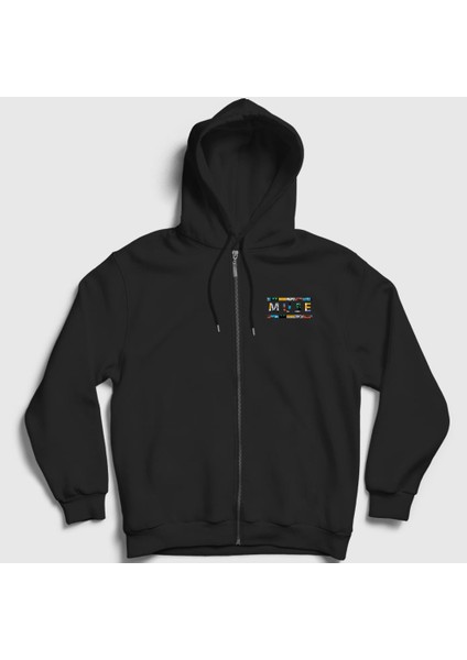 Unisex Siyah Logo V2 Muse Fermuarlı Kapüşonlu Sweatshirt