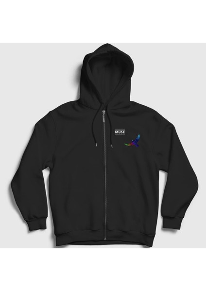 Unisex Siyah Resistance Bird Muse Fermuarlı Kapüşonlu Sweatshirt