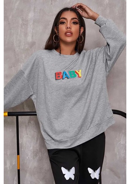 Mad Girls Gri Baby Baskılı Sweatshirt MG791