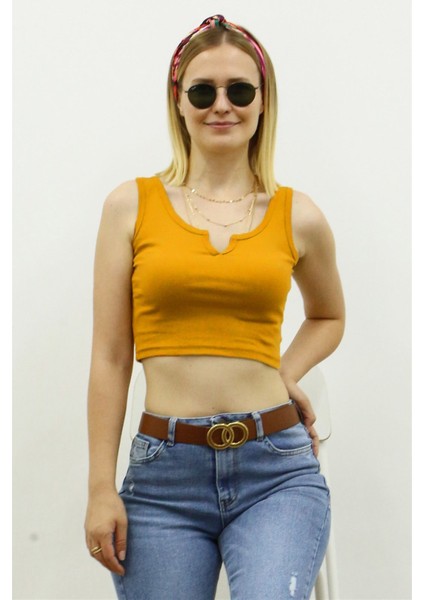 Mad Girls Önü Detaylı Hardal Crop Top MG362