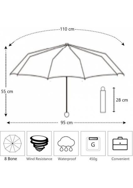 Tam Otomatik Rüzgarda Kırılmayan Fiber Unisex Şemsiye 8 Telli Siyah