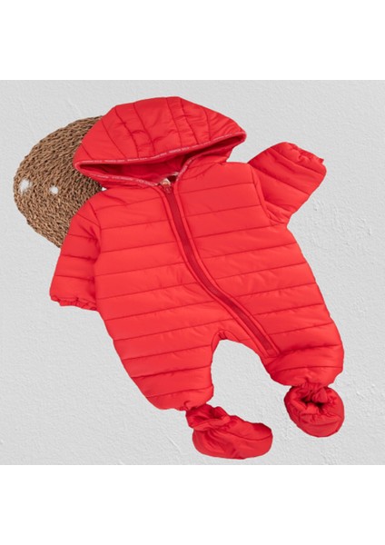 Unisex Bebek Kırmızı Kışlık Ayaklı Kapüşonlu Kozmonot Tulum