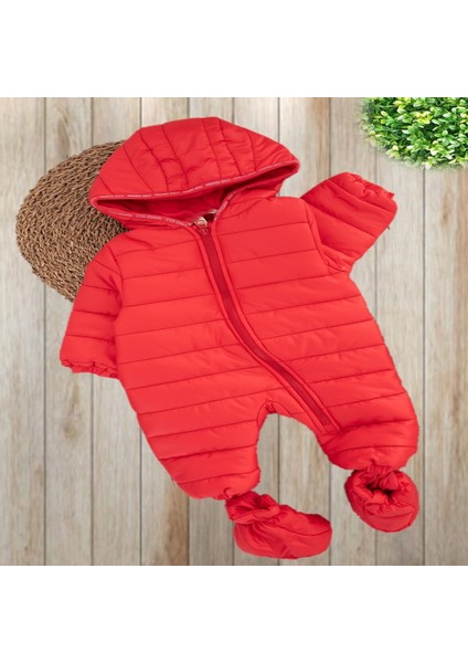 Unisex Bebek Kırmızı Kışlık Ayaklı Kapüşonlu Kozmonot Tulum