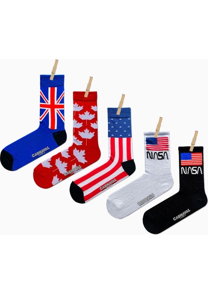 5'li England Canada Nasa Bayrak Renkli Çorap