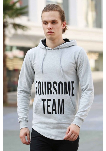 Baskılı Gri Kapşonlu Sweatshirt 4148
