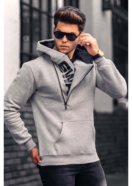 Gri Fermuar Detaylı Kapüşonlu Sweatshirt 1767