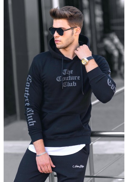 Siyah Baskılı Kapşonlu Sweatshirt 2877