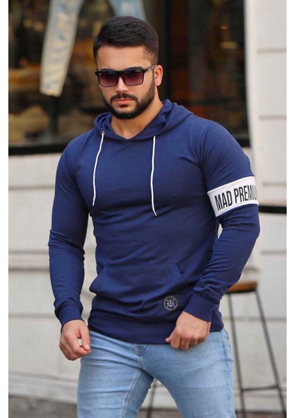 Kol Baskılı Kapşonlu Lacivert Sweatshirt 4123