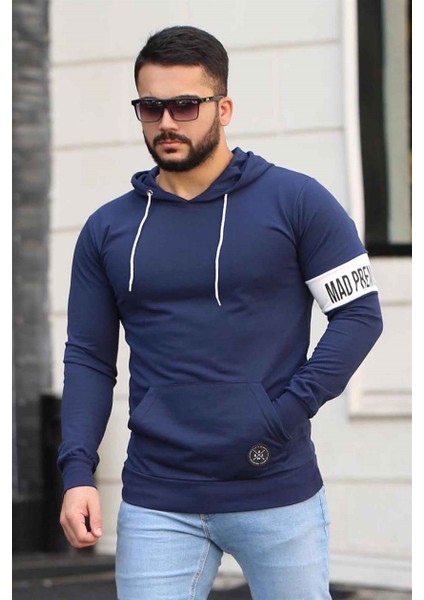 Kol Baskılı Kapşonlu Lacivert Sweatshirt 4123