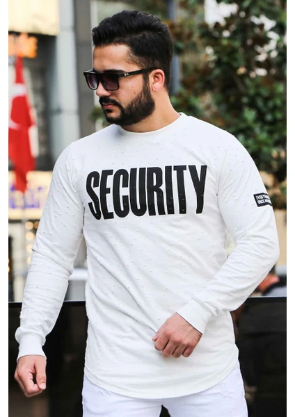 Beyaz Yırtık Detaylı Baskılı Sweatshirt 4126