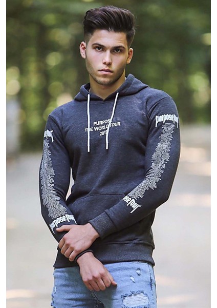 Lacivert Baskılı Kapşonlu Sweatshirt 4197