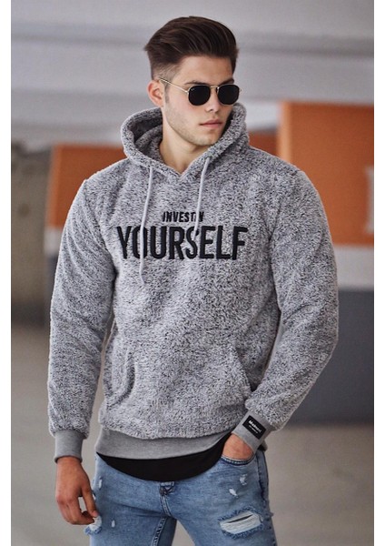 Kapşonlu Peluş Sweatshirt Gri 4390