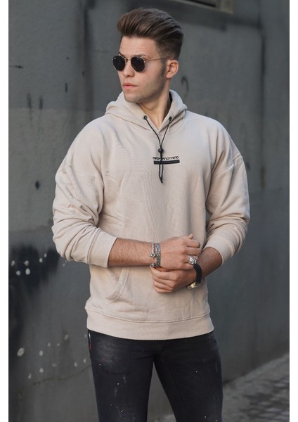Bej Baskılı Kapüşonlu Sweatshirt 4722