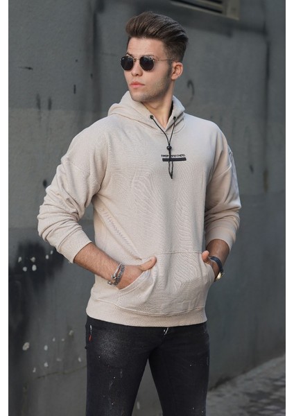 Bej Baskılı Kapüşonlu Sweatshirt 4722