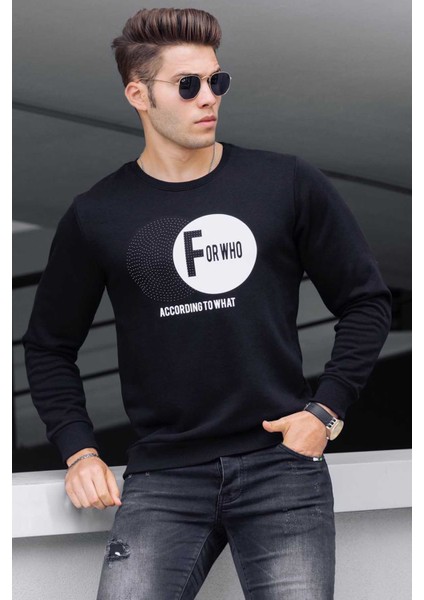 Siyah Baskılı Bisiklet Yaka Sweatshirt 4756