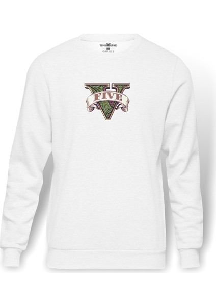 Gta V Logo Baskılı Beyaz Erkek Örme Sweatshirt Uzun Kol