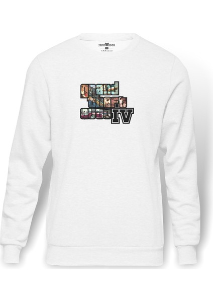 Gta V Yazı Ve Logo Baskılı Beyaz Erkek Örme Sweatshirt Uzun Kol