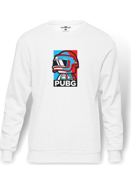 Pubg Renkli Adam Baskılı Beyaz Erkek Örme Sweatshirt Uzun Kol