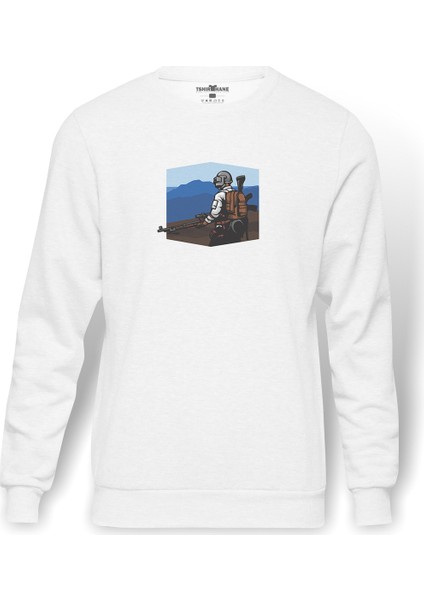 Pubg Sniper Mountain Baskılı Beyaz Erkek Örme Sweatshirt Uzun Kol