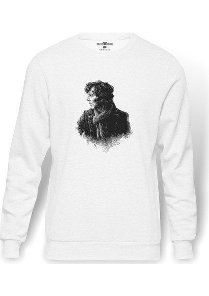 Sherlock Eskiz Baskılı Beyaz Erkek Örme Sweatshirt Uzun Kol