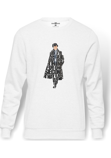 Sherlock Typography Baskılı Beyaz Erkek Örme Sweatshirt Uzun Kol
