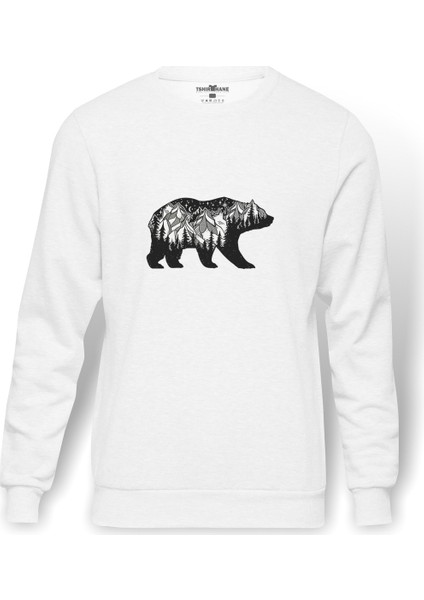 Silhouette California Bear Baskılı Beyaz Erkek Örme Sweatshirt Uzun Kol