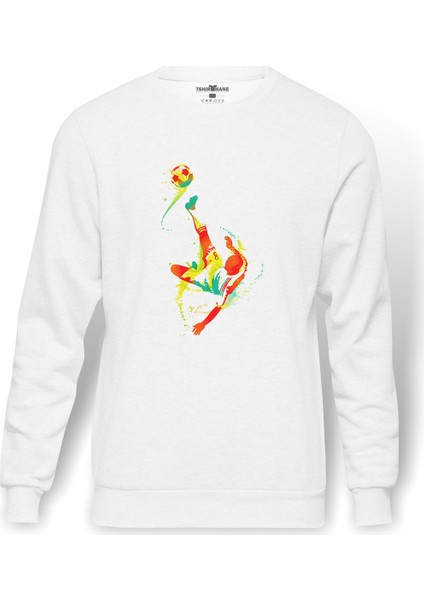 Silhouette Football Bicycle Kick Baskılı Beyaz Erkek Örme Sweatshirt Uzun Kol