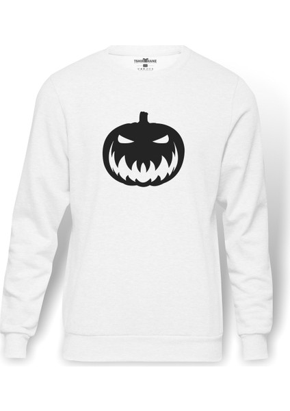 Silhouette Halloween Pumpkin Baskılı Beyaz Erkek Örme Sweatshirt Uzun Kol