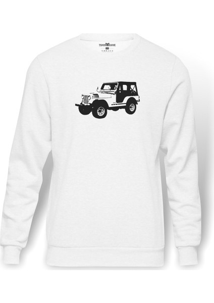 Silhouette Jeep Baskılı Beyaz Erkek Örme Sweatshirt Uzun Kol