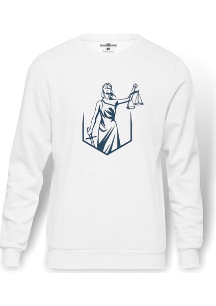 Silhouette Lady Justice Baskılı Beyaz Erkek Örme Sweatshirt Uzun Kol