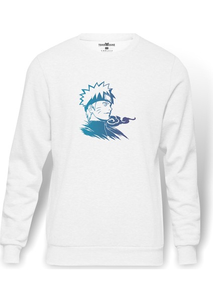 Silhouette Naruto Baskılı Beyaz Erkek Örme Sweatshirt Uzun Kol