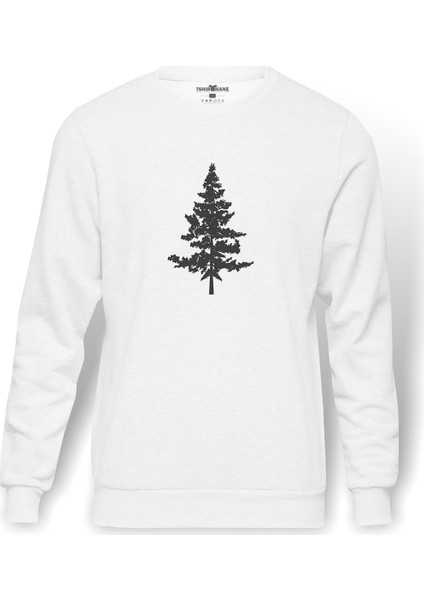 Silhouette Red Cedar Tree Baskılı Beyaz Erkek Örme Sweatshirt Uzun Kol
