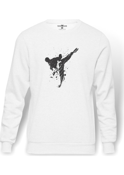 Silhouette Taekwondo Baskılı Beyaz Erkek Örme Sweatshirt Uzun Kol