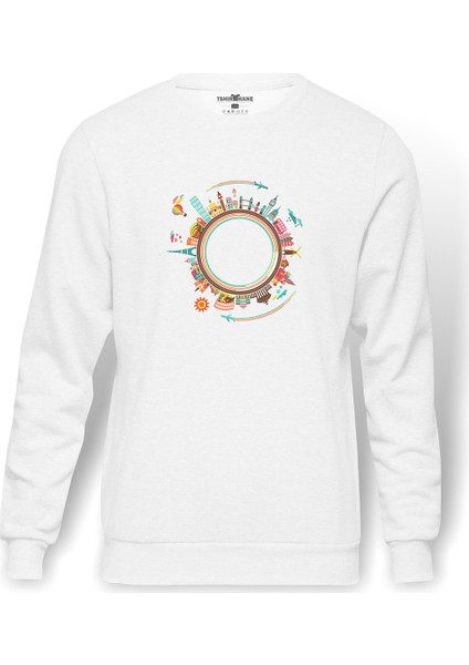 Silhouette Travel Globalization Baskılı Beyaz Erkek Örme Sweatshirt Uzun Kol