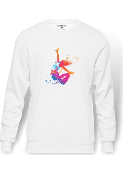 Silhouette Zumba Dance Baskılı Beyaz Erkek Örme Sweatshirt Uzun Kol