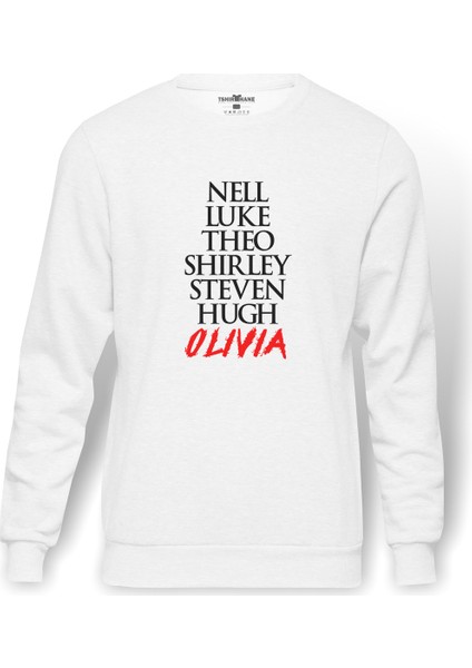 The Haunting Of Hill House Characters Name Baskılı Beyaz Erkek Örme Sweatshirt Uzun Kol