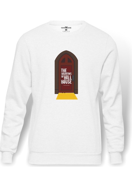 The Haunting Of Hill House Door Baskılı Beyaz Erkek Örme Sweatshirt Uzun Kol