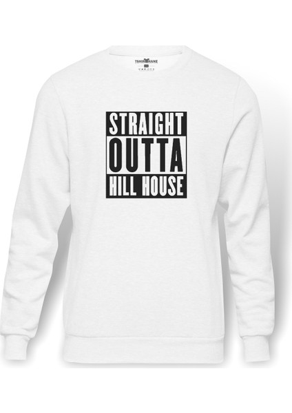 The Haunting Of Hill House Straight Outta Hill House Baskılı Beyaz Erkek Örme Sweatshirt Uzun Kol