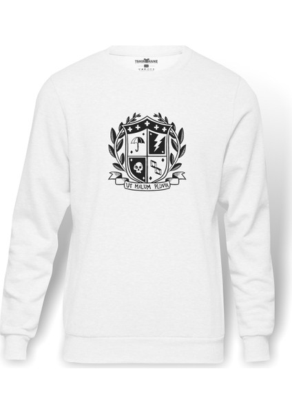 The Umbrella Academy Ut Malum Pluvia Baskılı Beyaz Erkek Örme Sweatshirt Uzun Kol