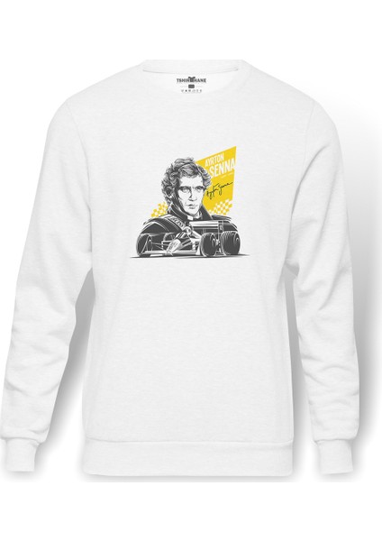 Formula F1 Ayrton Senna F1 Car Baskılı Beyaz Erkek Örme Sweatshirt Uzun Kol