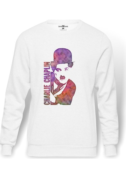 Charlie Chaplin Water Brush Baskılı Beyaz Erkek Örme Sweatshirt Uzun Kol