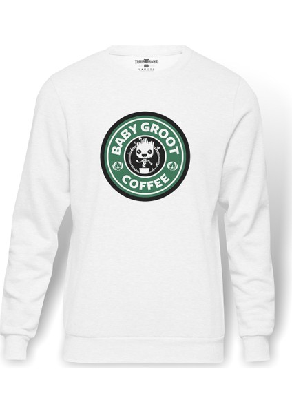 I Am Groot Coffee Baskılı Beyaz Erkek Örme Sweatshirt Uzun Kol