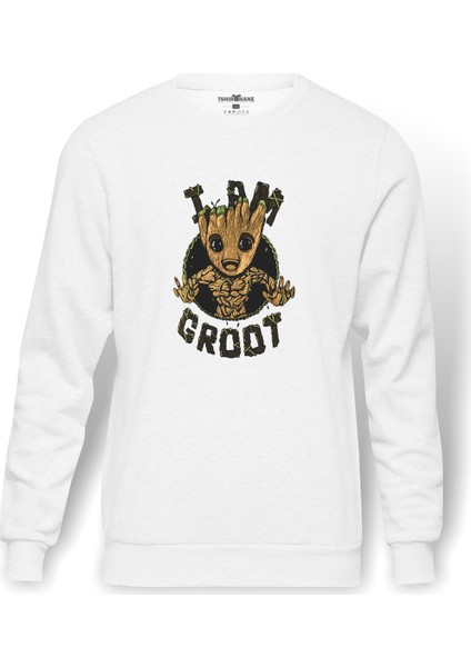 I Am Groot Sarmaşık Baskılı Beyaz Erkek Örme Sweatshirt Uzun Kol
