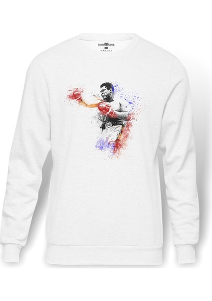 Muhammed Ali Damla Baskılı Beyaz Erkek Örme Sweatshirt Uzun Kol