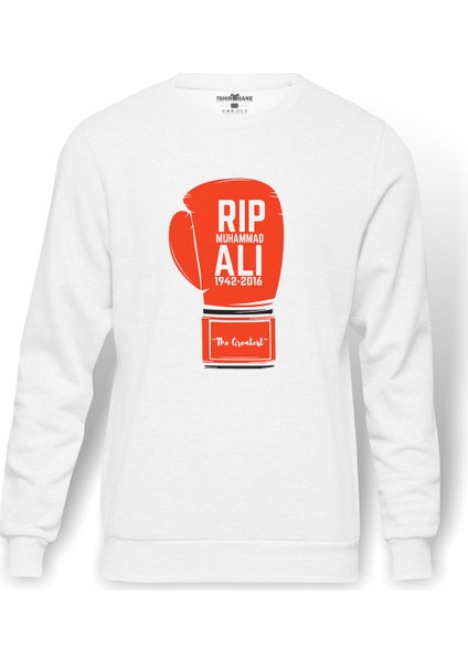 Muhammed Ali Eldiven Baskılı Beyaz Erkek Örme Sweatshirt Uzun Kol