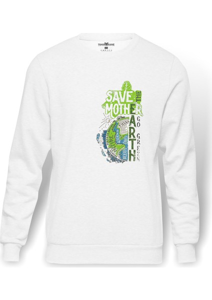 Green Earth Baskılı Beyaz Erkek Örme Sweatshirt Uzun Kol
